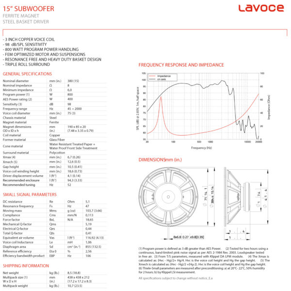 woofer lavoce 38cm ssf153.00 data