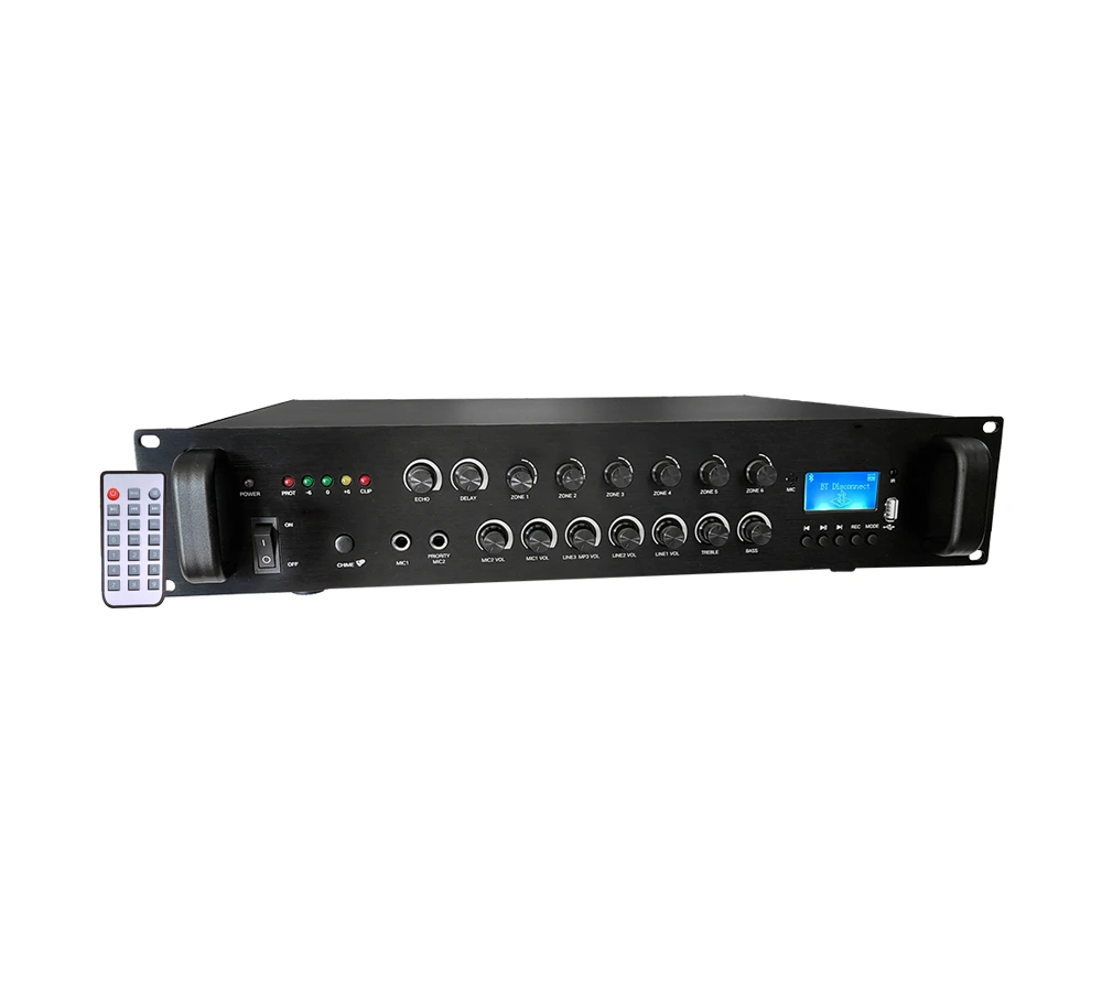 Amplificatore PA 150W mixer 6 zone 70/100V 4-16 ohm Bluetooth Radio FM USB